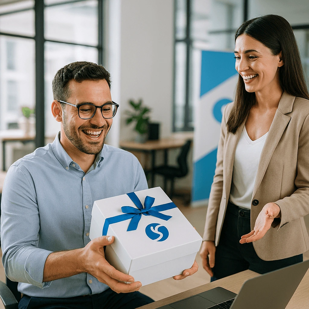 Employee receiving branded merchandise